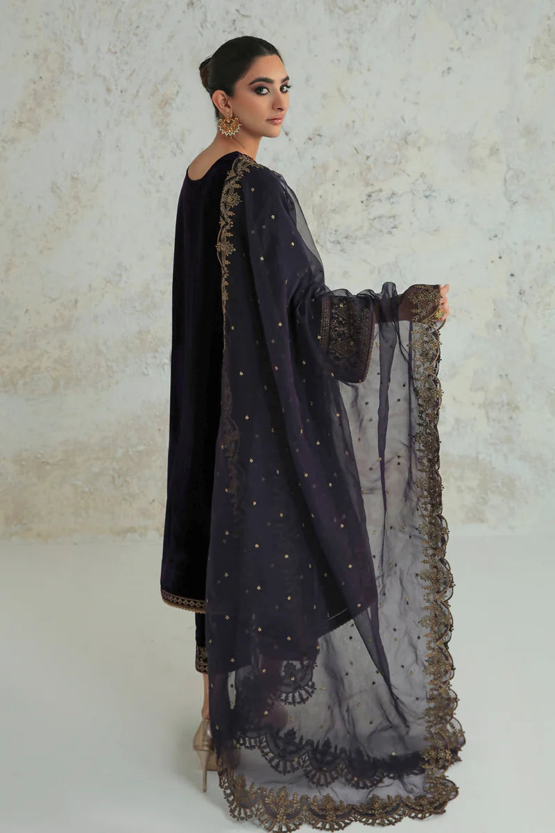 3PC Velvet Dress With Embroidered Organza Dupatta - 1019