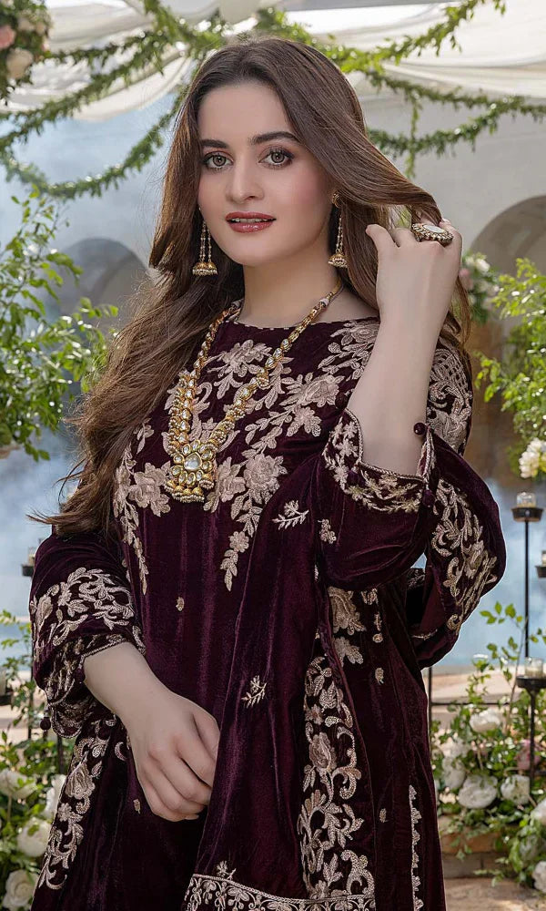Embroidered Velvet Three piece with Velvet Shawl - 1040
