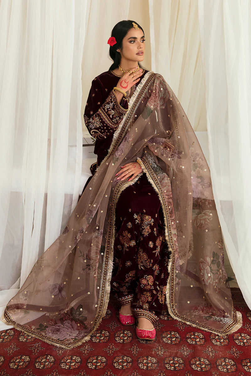 Embroidered Velvet 3-Piece Dress with Organza Dupatta - 1003