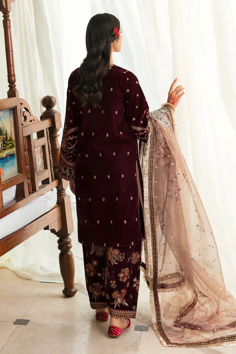 Embroidered Velvet 3-Piece Dress with Organza Dupatta - 1003