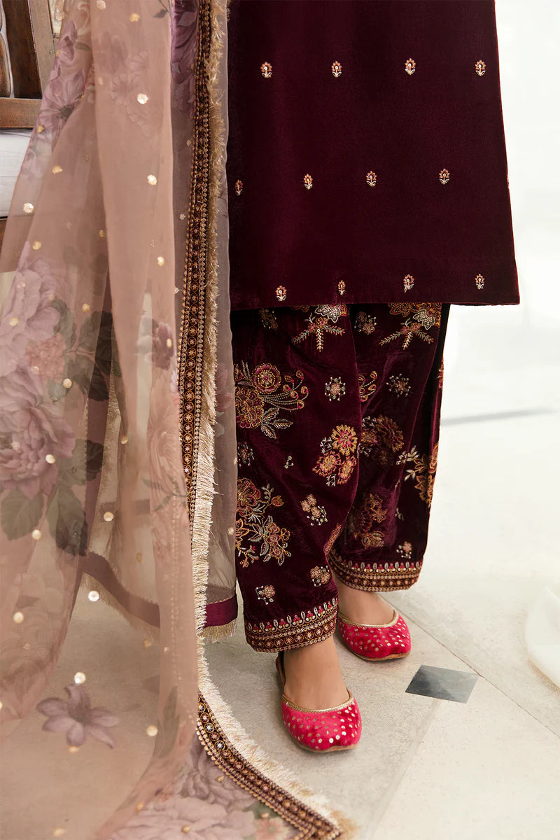 Embroidered Velvet 3-Piece Dress with Organza Dupatta - 1003