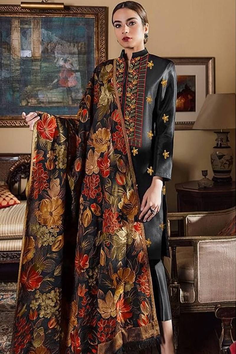 Bareeze FCC-190 Black Embroidered Dhanak Three Piece Winter Collection