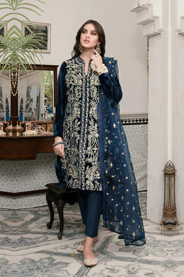 Embroidered Velvet 3-Piece Dress with Embroidered Organza - 1001
