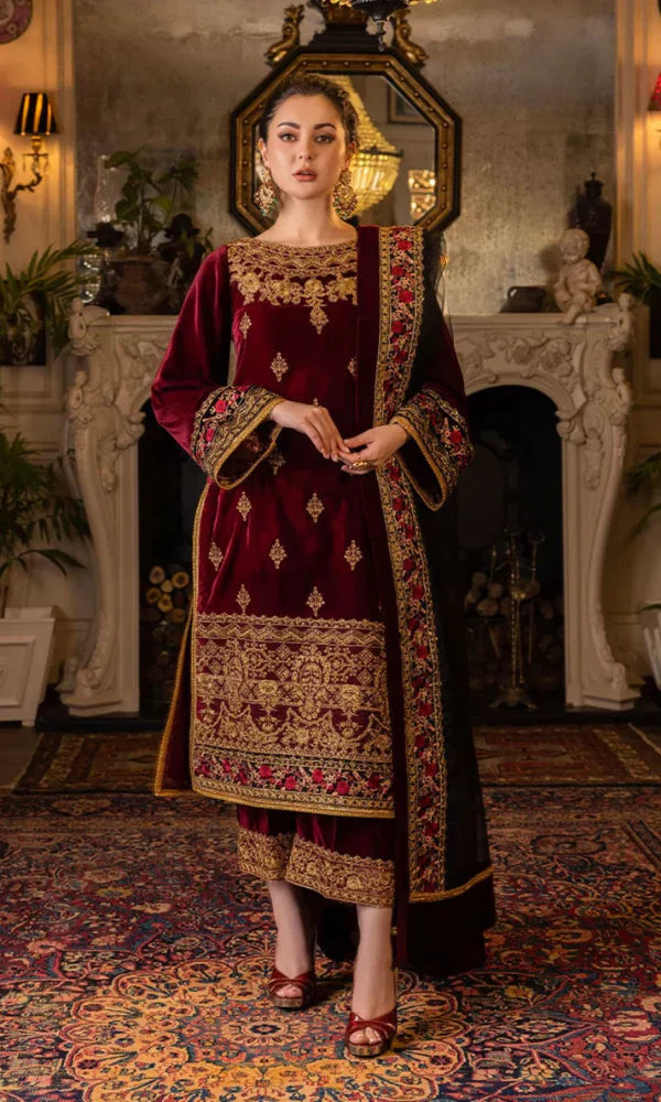3PC Velvet Embroidered Shirt With Organza Embroidered Dupatta - 1029