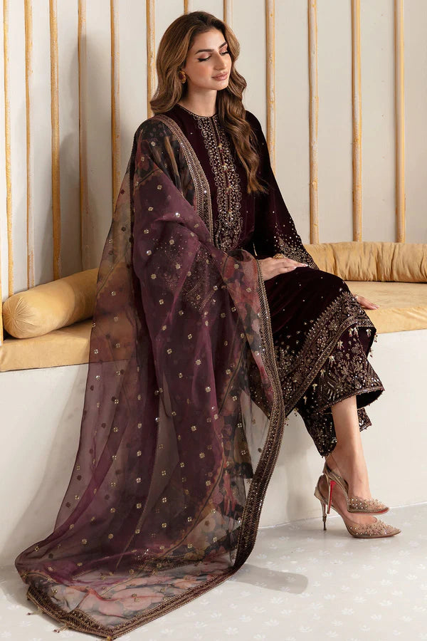 Embroidered Velvet 3-Piece Dress with Organza Dupatta - 1006