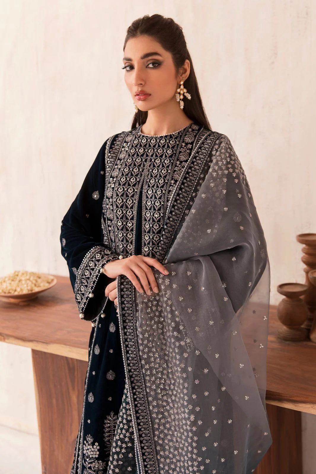 3PC Velvet Embroidered Dress With Embroidered Organza Dupatta - 1025