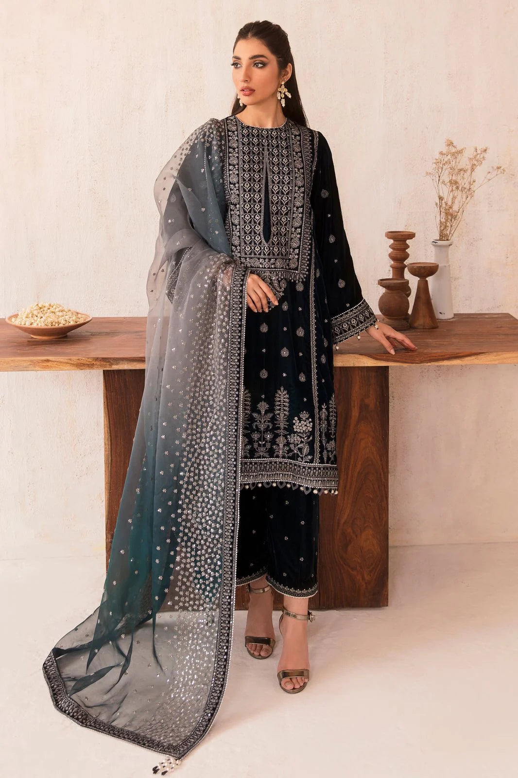 3PC Velvet Embroidered Dress With Embroidered Organza Dupatta - 1025
