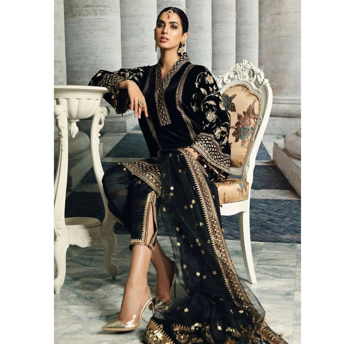 3PC Velvet Embroidered Dress With Organza Embroidered Shawl - 1013