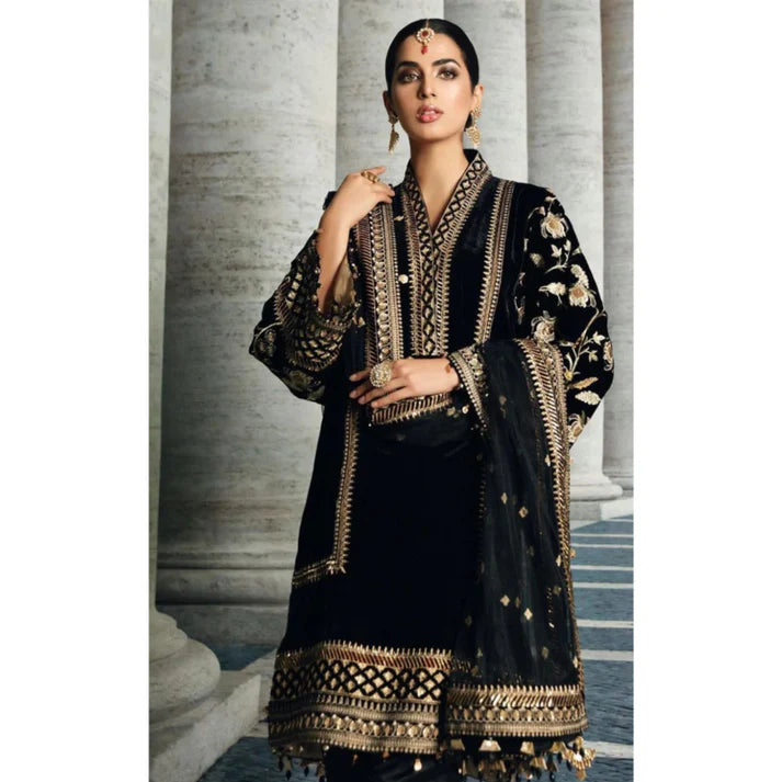 3PC Velvet Embroidered Dress With Organza Embroidered Shawl - 1013