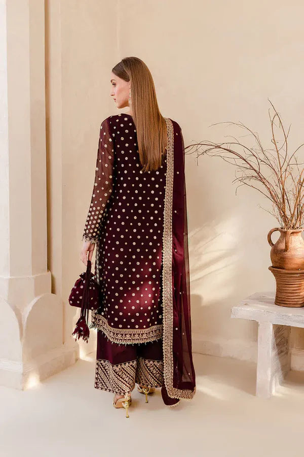 3PC Embroidered Velvet Dress With Embroidered Organza Dupatta - 1023