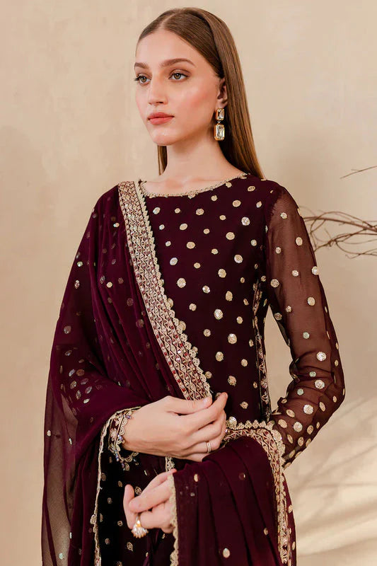 3PC Embroidered Velvet Dress With Embroidered Organza Dupatta - 1023