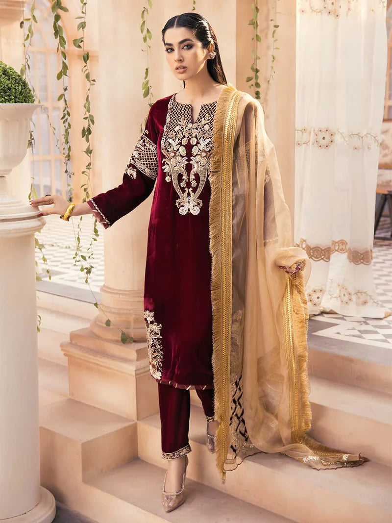 Embroidered Velvet 3-Piece Dress with Embroidered Organza - 1002