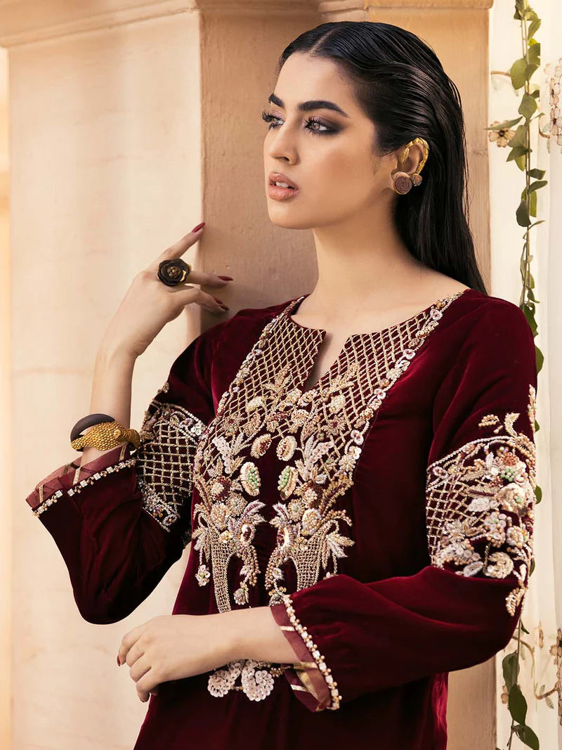Embroidered Velvet 3-Piece Dress with Embroidered Organza - 1002