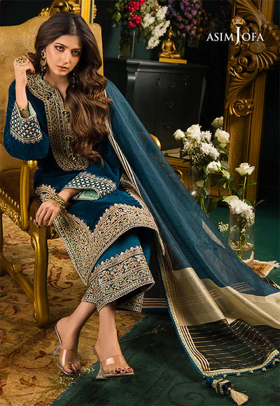 3PC Velvet Embroidered Shirt With Organza Dupatta - 1031