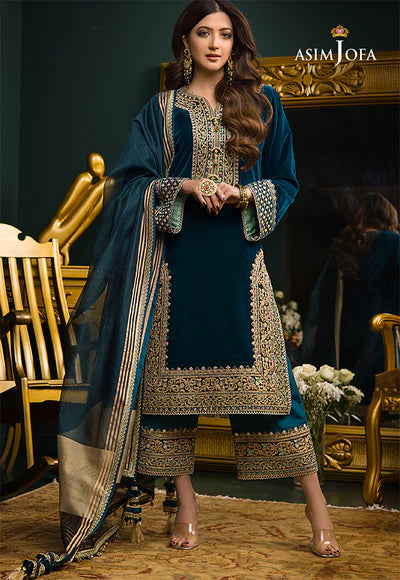 3PC Velvet Embroidered Shirt With Organza Dupatta - 1031
