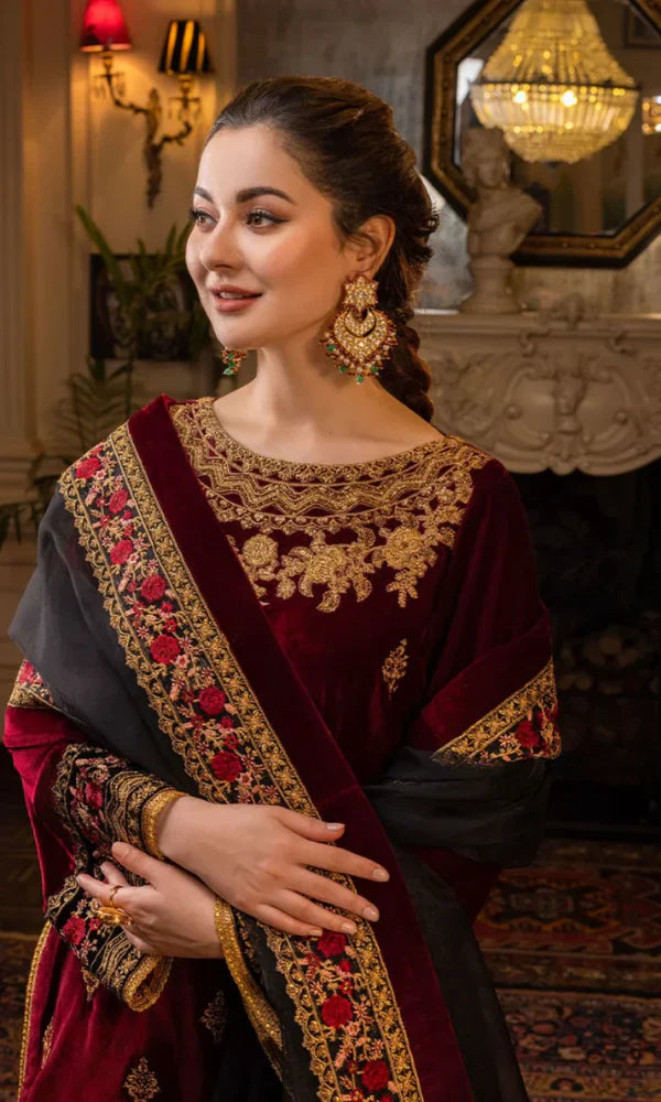 3PC Velvet Embroidered Shirt With Organza Embroidered Dupatta - 1029