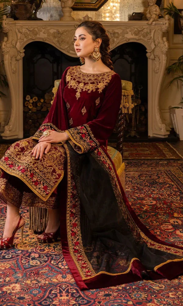 3PC Velvet Embroidered Shirt With Organza Embroidered Dupatta - 1029