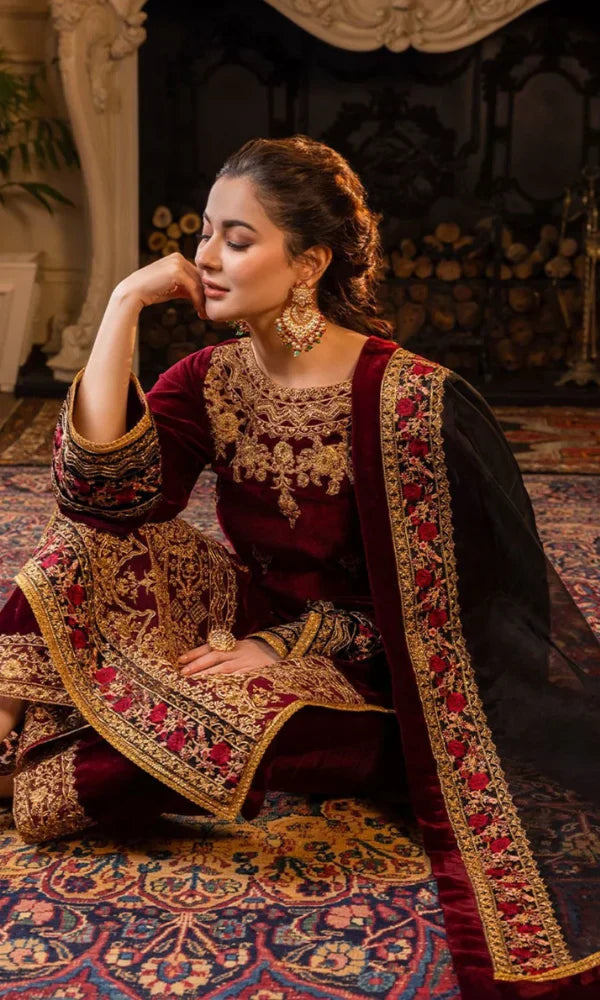 3PC Velvet Embroidered Shirt With Organza Embroidered Dupatta - 1029
