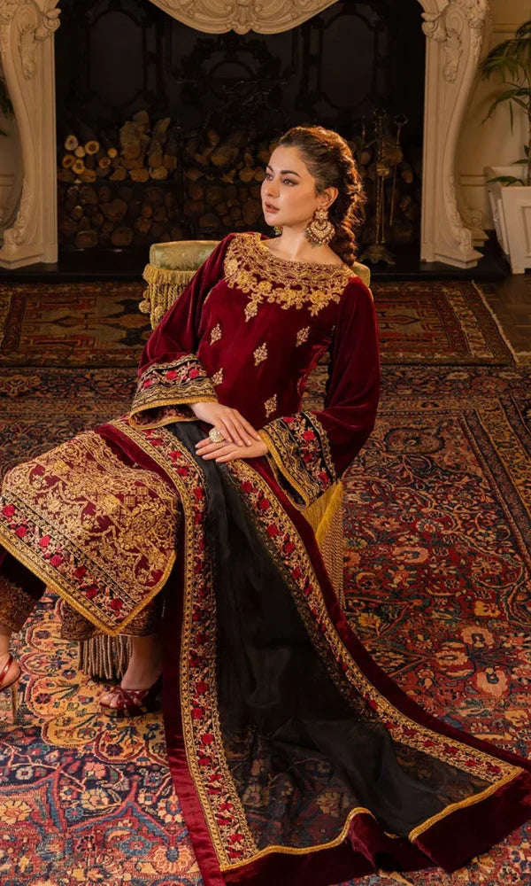 3PC Velvet Embroidered Shirt With Organza Embroidered Dupatta - 1029