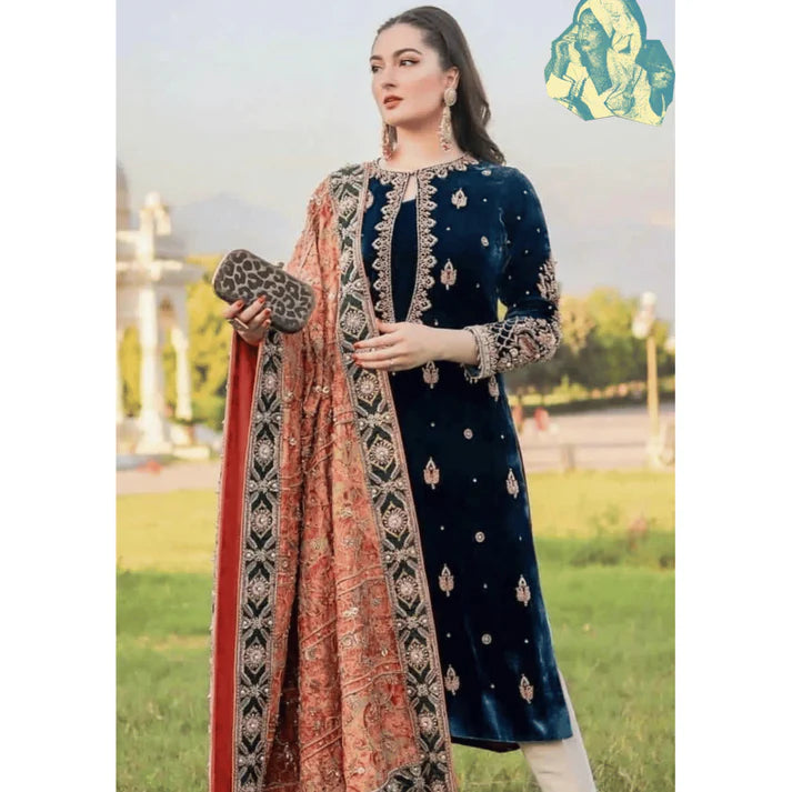 3PC Velvet Embroidered Dress With Dhanak Shawl - 1018