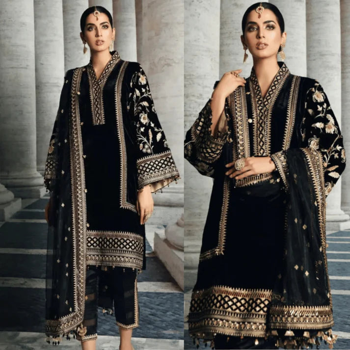 3PC Velvet Embroidered Dress With Organza Embroidered Shawl - 1013