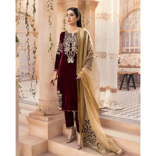 Embroidered Velvet 3-Piece Dress with Embroidered Organza - 1002
