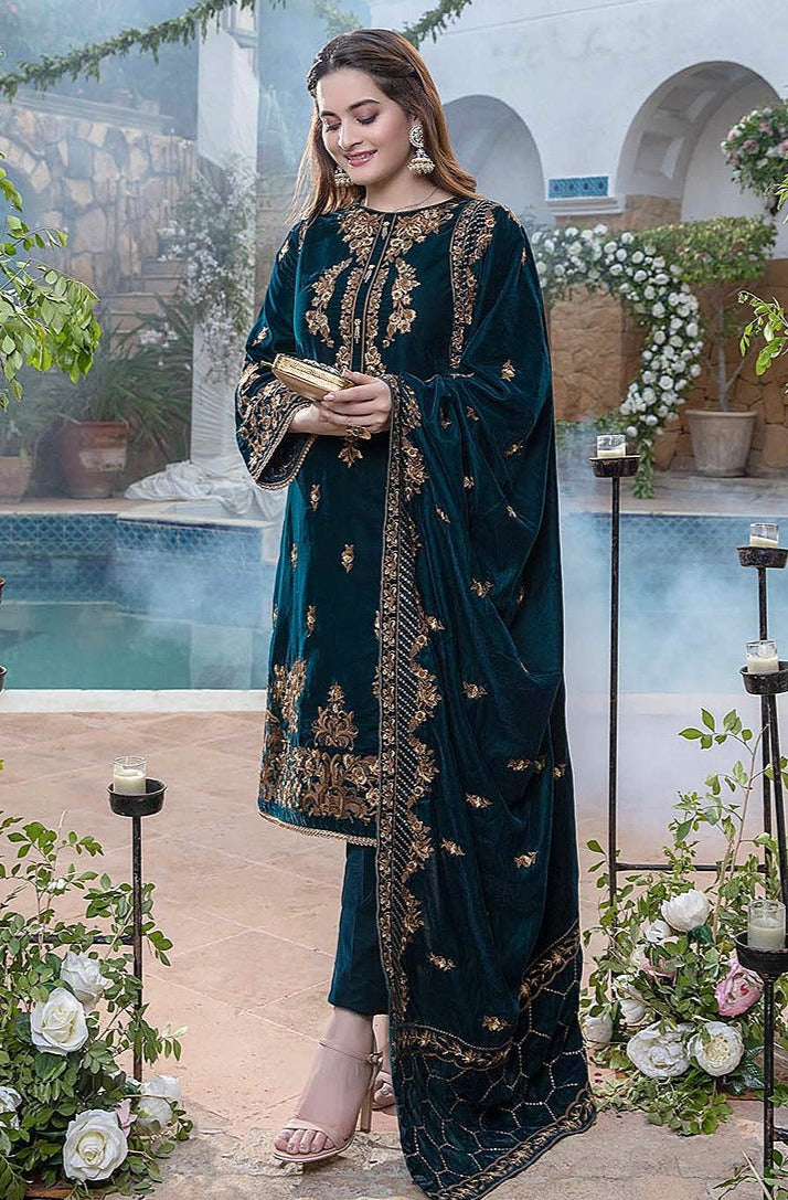 FCC ZC-114 ZINC Embroidered Velvet Three piece With Velvet Shawl Winter Collection