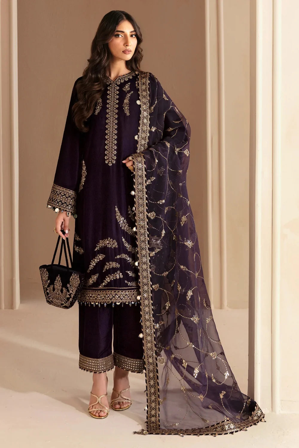 3PC Embroidered Velvet Dress With Shamooz Silk Trouser - 1021