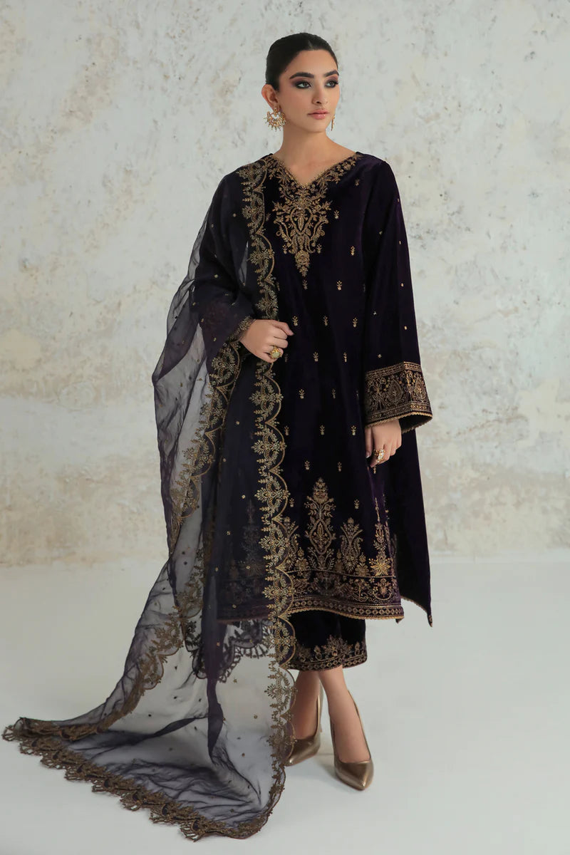 3PC Velvet Dress With Embroidered Organza Dupatta - 1019