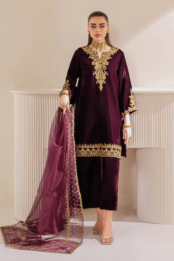 3 Piece Embroidered Velvet Dress - 1011