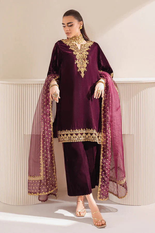 3 Piece Embroidered Velvet Dress - 1011