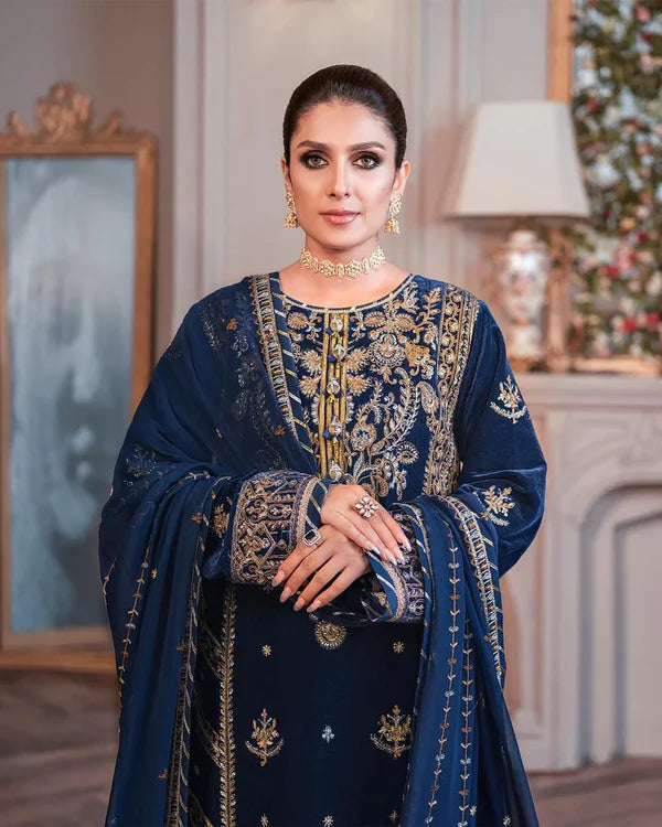 3PCs Embroidered Velvet With Embroidered Chiffon Dupatta - 1028