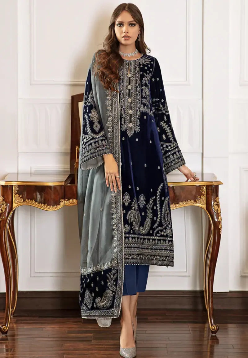 3PC Velvet Embroidered Dress - 1014