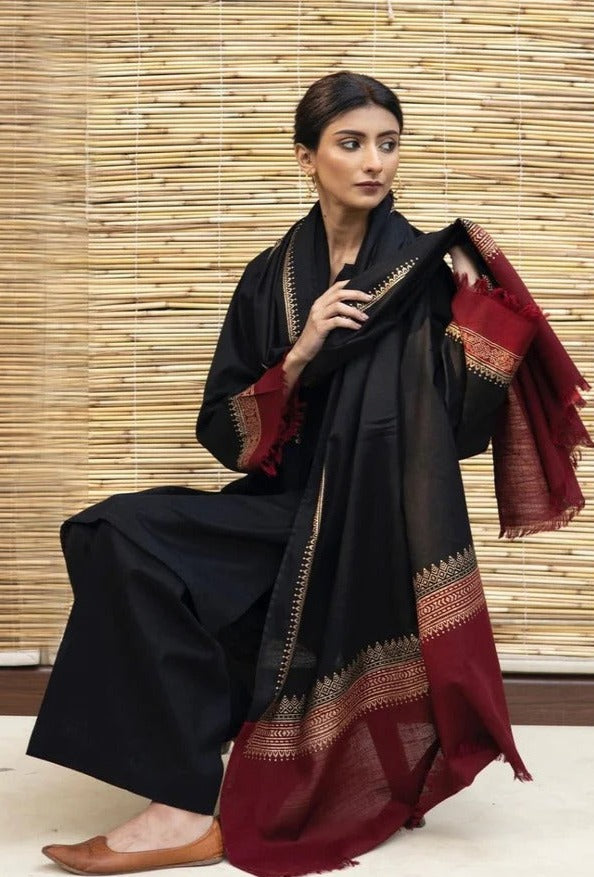 femalechoice Fcc-451 Black Dhanak Embroidered three piece With Dhanak Shawl