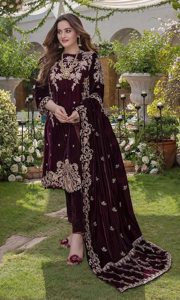 Embroidered Velvet Three piece with Velvet Shawl - 1040