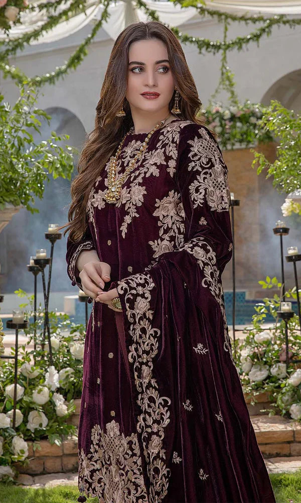 Embroidered Velvet Three piece with Velvet Shawl - 1040