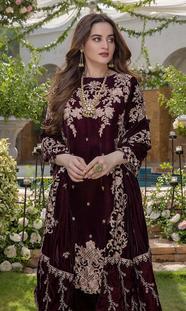 Embroidered Velvet Three piece with Velvet Shawl - 1040
