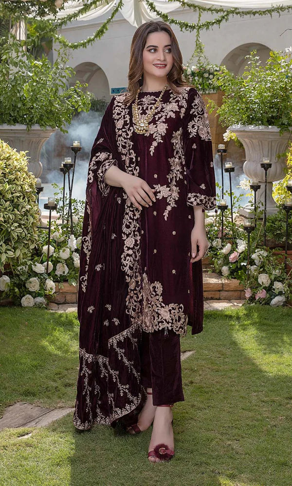 Embroidered Velvet Three piece with Velvet Shawl - 1040