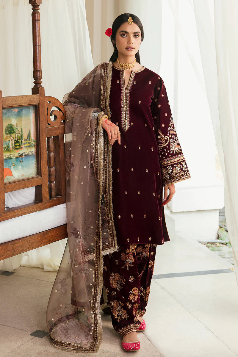 Embroidered Velvet 3-Piece Dress with Organza Dupatta - 1003