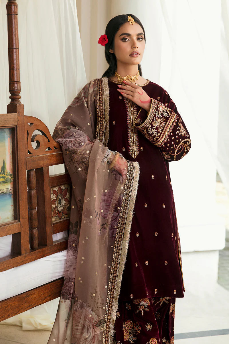 Embroidered Velvet 3-Piece Dress with Organza Dupatta - 1003