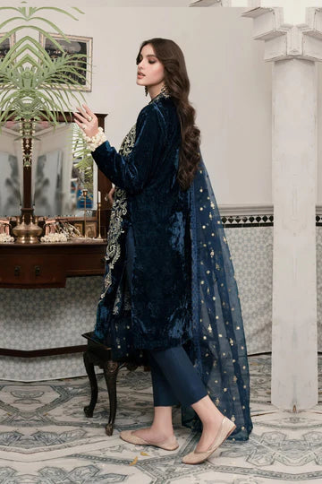 Embroidered Velvet 3-Piece Dress with Embroidered Organza - 1001