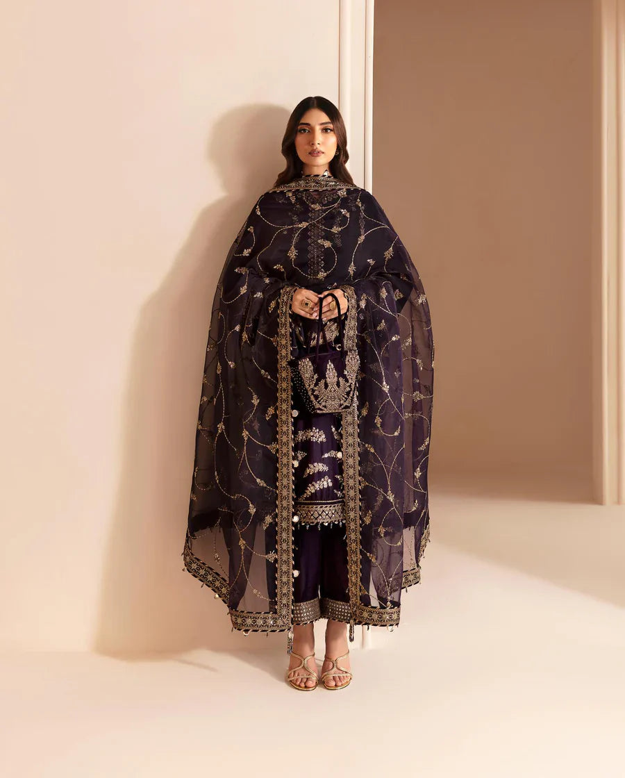 3PC Embroidered Velvet Dress With Shamooz Silk Trouser - 1021