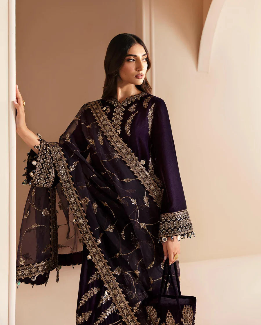 3PC Embroidered Velvet Dress With Shamooz Silk Trouser - 1021