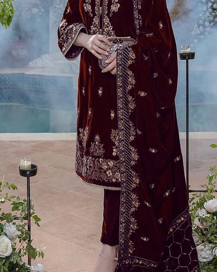 3PC Embroidered Velvet Dress With Velvet Shawl - 1022