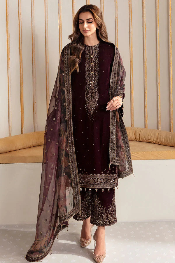 Embroidered Velvet 3-Piece Dress with Organza Dupatta - 1006