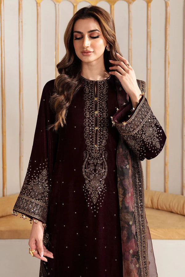 Embroidered Velvet 3-Piece Dress with Organza Dupatta - 1006