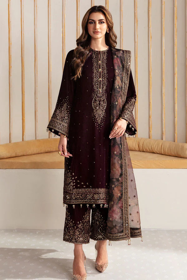 Embroidered Velvet 3-Piece Dress with Organza Dupatta - 1006