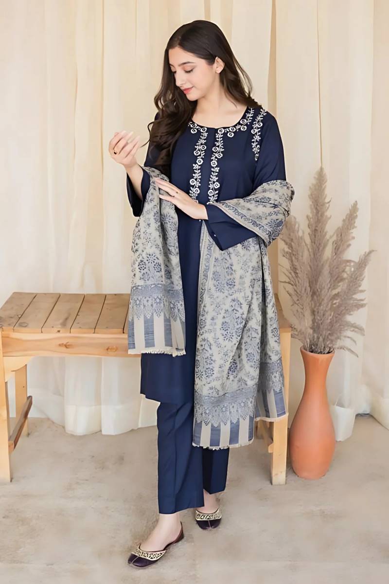 Fcc-841 Blue  Dhanak Embroidered three piece With Woolen Duppata