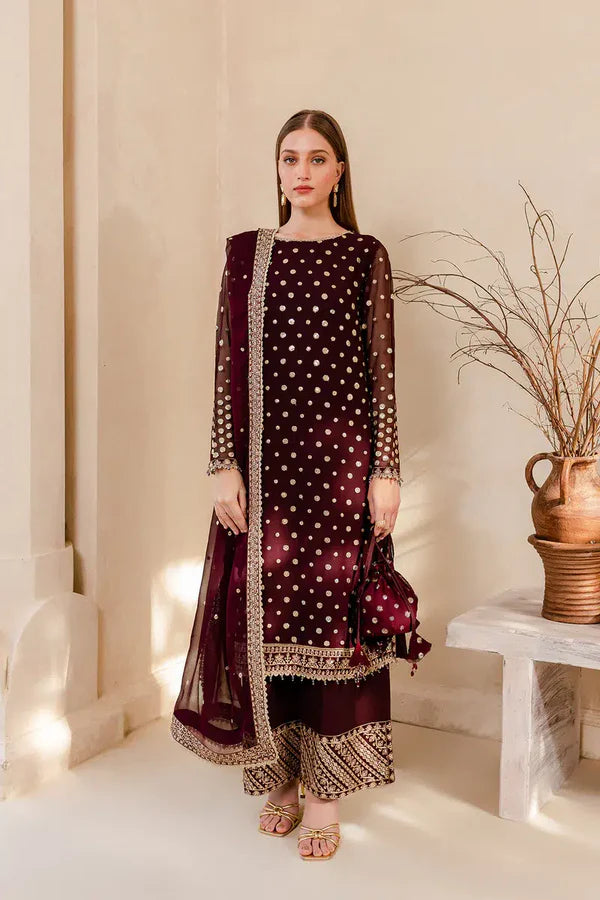 3PC Embroidered Velvet Dress With Embroidered Organza Dupatta - 1023