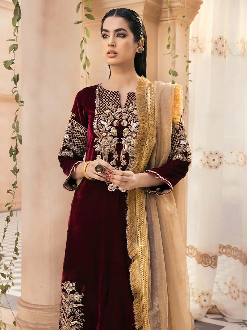 Embroidered Velvet 3-Piece Dress with Embroidered Organza - 1002
